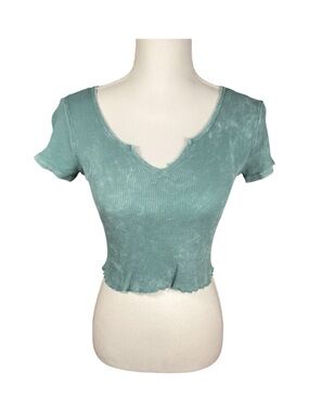 As Revival | Ribbed Lettuce-Edge Crop Top in Sage Green
